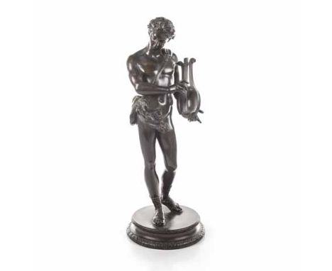 A BRONZE SCULPTURE OF A LYRE PLAYER the figure adorned with a wreath on his head and Roman sandals, on a stepped circular sup