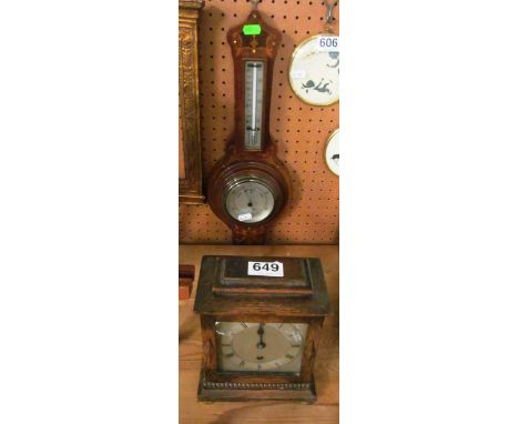An early 20th Century inlaid barometer/thermometer and an oak cased mantel clock