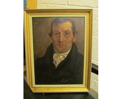 An antique portrait on panel of a man with large black collar marked Hubbard Pinxit 1820 en verso