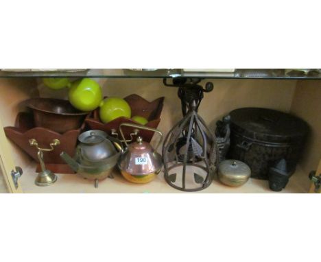 A metal lamp, metalware and treen