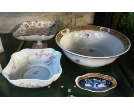 A Bernardaud Limoges bowl decorated flowers and butterflys, Limoges comport and bowl decorated pink flowers and a pate sur pa