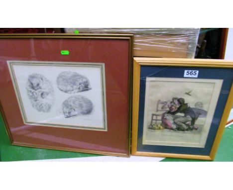 A print lady and gent on knees, drawing three hedgehogs and print two boys