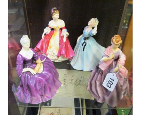 Three Royal Doulton figures; Charlotte, Southern Belle and Celeste and Royal Worcester figure First Dance