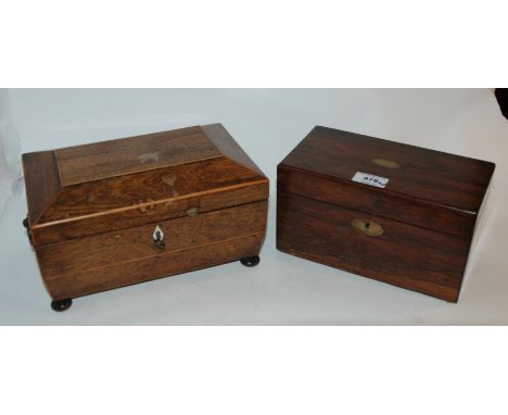 A Victorian two division tea caddy, 23cm wide and a sewing box lacking interior, 26cm wide (2) Condition Report: Available up