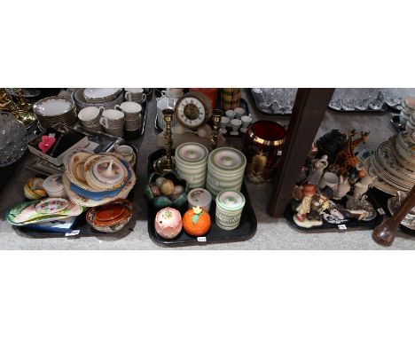 An alabaster mantle clock, costume jewellery including a ladies Accurist wrist watch, various preserve pots and trinket dishe