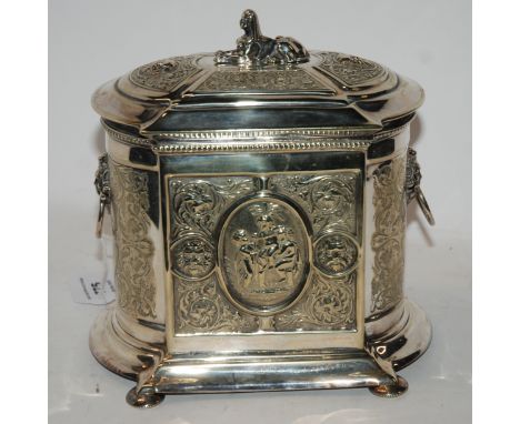 A silver plated tea caddy with Sphinx lid finial &amp; grotesque face mask handles 21 cm high Condition Report: Available upo