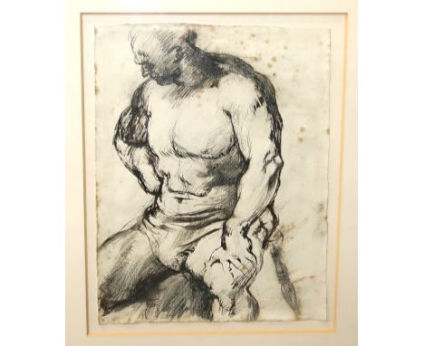 STUDIO OF ROBERT SINCLAIR THOMSON Male nude study, ink sketch, 31 x 25cm and BRITISH SCHOOL Portrait head of a young girl, pe