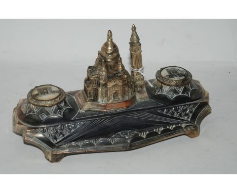 A white metal architectural double inkstand 20 cm wide Condition Report: Available upon request