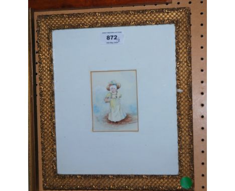 SOCQUET Figures in an interior, watercolour, 20 x 25cm,UNKNOWN Portrait of a young girl, watercolour, 10 x 8cm and a print (3