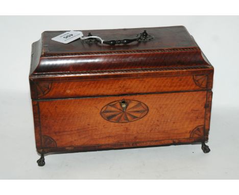 An inlaid two division tea caddy with hinged lid on claw feet, 26cm wide (af) Condition Report: Available upon request