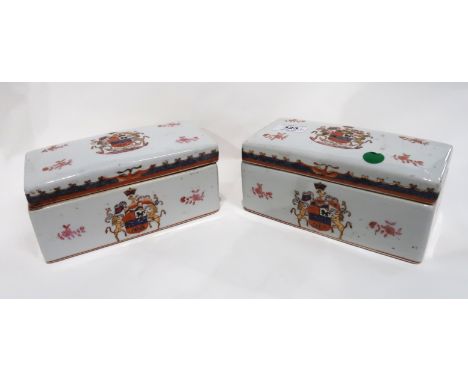 A pair of rectangular ceramic boxes and covers with armorial to lid Condition Report: Available upon request