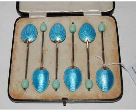 A cased set of six silver &amp; enamel coffee bean spoons Condition Report: Available upon request