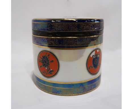 A C.B. and S. Limited circular jar and cover decorated with The Buddhist Emblems of Happy Augury, printed marks and picture t