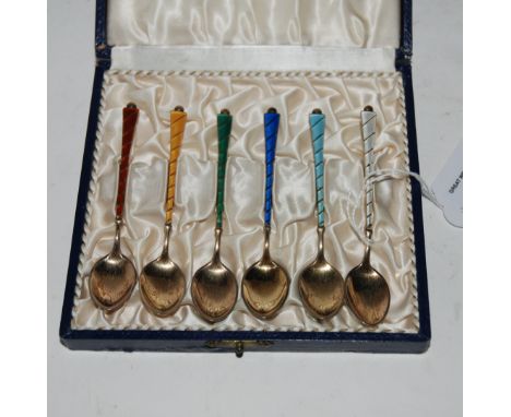 A cased set of six sterling silver &amp; enamel coffee spoons Condition Report: Available upon request