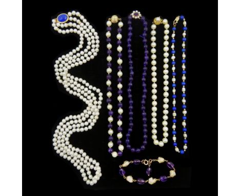 Single strand cultured white pearl necklace, with 18ct gold pearl clasp, double strand pearl necklace, with 14ct gold lapis l