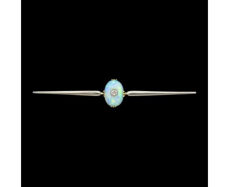 Early 20th century gold opal and diamond bar brooch, milgrain set old cut diamond, set within an oval cut opal, stamped 15ct,