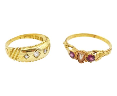 Victorian 18ct gold gypsy set three stone old cut diamond ring, Birmingham 1896 and one other Victorian 18ct gold three stone