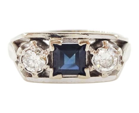 18ct gold three stone square cut sapphire and round brilliant cut diamond ring, total diamond weight approx 0.30 caratConditi