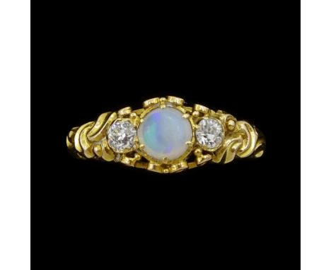 14ct gold three stone old cut diamond and opal ring, total diamond weight approx 0.15 caratCondition Report:Approx 2.3gm, tes