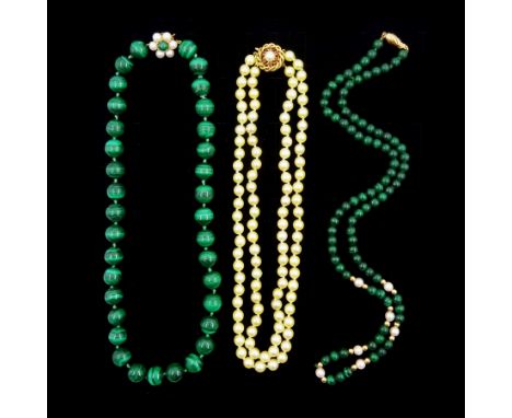 Double strand cultured pearl necklace, with gold ruby and pearl clasp, single strand malachite bead necklace, with gold pearl