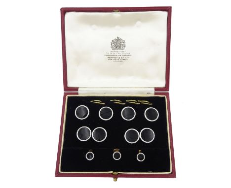 9ct gold dress black onyx dress shirt buttons and cufflinks by Deakin & Francis, Birmingham 1979, in fitted case by Asprey & 