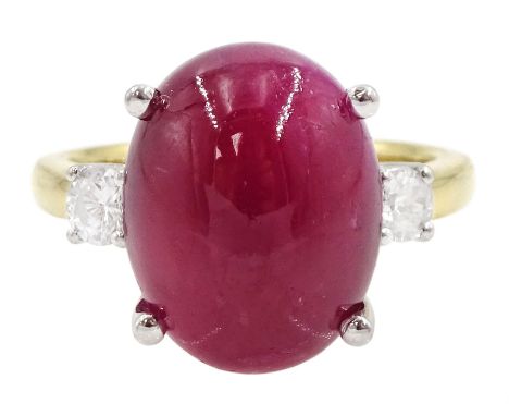 18ct gold three stone cabochon ruby and round brilliant cut diamond ring, hallmarked, ruby approx 11.40 caratCondition Report