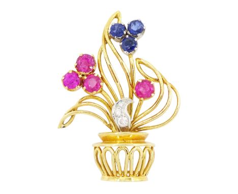 18ct gold round cut ruby, sapphire and diamond flower basket brooch, London 1952Condition Report:Approx 8.35gm, back pin also