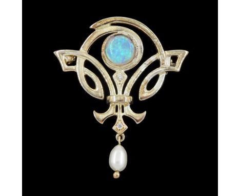Silver opal and pearl brooch, stamped 925Condition Report:Length = 40mm