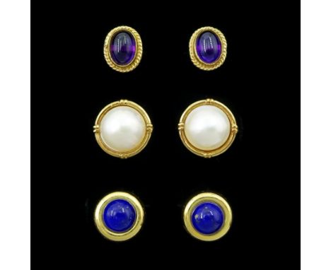 Three pair of 9ct gold stud earrings including lapis lazuli, pearl and amethyst, all hallmarkedCondition Report:Approx 7.8gm,