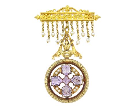 Early 20th century 18ct gold vari-cut amethyst and seed pearl circular pendant, suspending on later 22ct gold filigree pearl 
