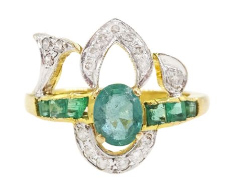 Gold emerald and diamond ring, the principal oval cut emerald, with three calibre cut emeralds set either side, within a diam