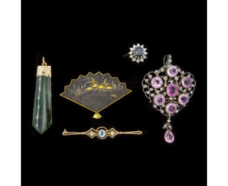 Gold sapphire diamond chip ring, gold jade pendant and an aquamarine and pearl brooch, all 9ct, silver pink and white paste s