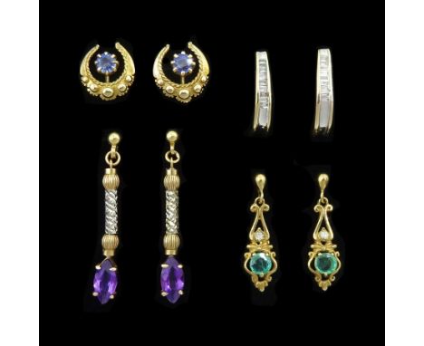 Four pairs of 9ct gold stud earrings including emerald and diamond, amethyst, diamond hoop and sapphireCondition Report:Appro