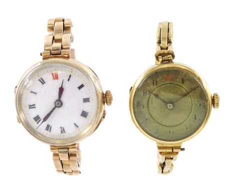 Early 20th century 18ct gold manual wind wristwatch and one other 9ct rose gold wristwatch, both on 9ct gold expanding link b