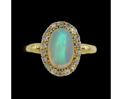 Victorian 18ct gold opal and old cut diamond cluster ring, Birmingham 1898Condition Report:Approx 3.5gm, size M-N, overall he