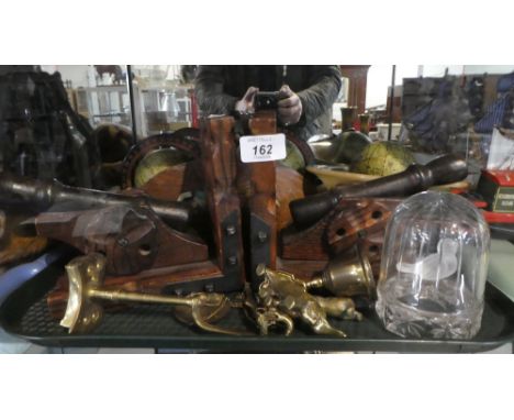 Two Pairs of Book Ends, One with Cannons and the other Globes, Brass Scales, Inlaid Indian Oval Plaque, Glass Bird in Cage et