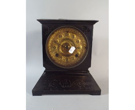 A Victorian Black Slate Mantle Clock with Gilt Dial, Architectural Form, 26cm High 