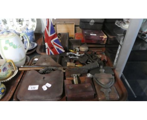 A Tray Containing Leather Case Saw, Leather Cased Shaving Set, Vintage Padlocks and Tools, Metal Door Knocker, Cut Throat Raz