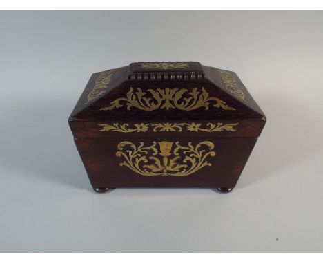 A 19th Century Brass Inlaid Sarcophagus Shaped Tea Caddy Box on Bun Feet, 20cm Long