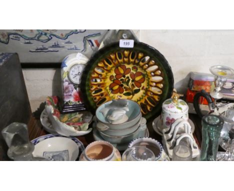 A Tray of Ceramics to Include Poole Vases, Oriental Blue and White Dishes, Pierced Continental Bowl, Old Tupton Mantle Clock 