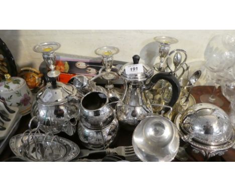 A Tray Containing Various Silver Plate, Candelabra, Egg Cup Set, Sugar Sifter etc