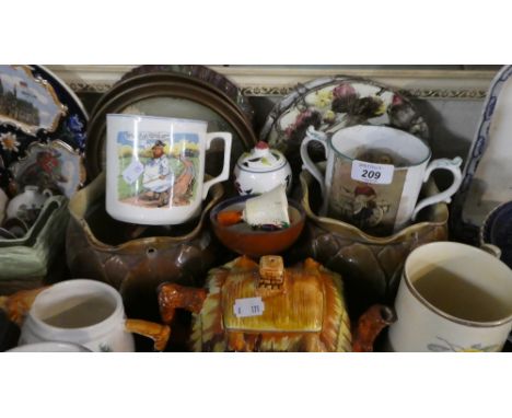 A Tray of Ceramics to Include Majolica Plates, Surprise Loving Mug, Cottage Ware Teapot, Hunting Jug etc