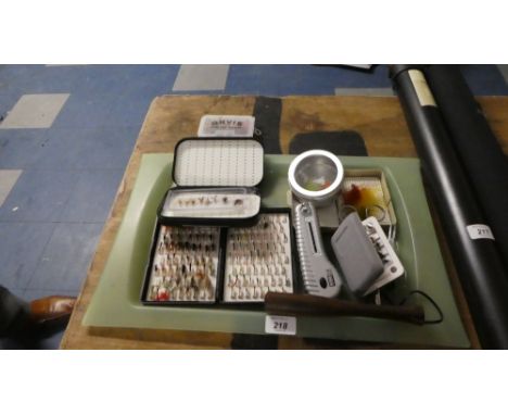 A Collection of Cased Fishing Flies and Accessories to Include Combination Scales and Tape Measure, Fishing Priest Etc 