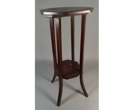 A Pretty Marquetry Inlaid Octagonal Occasional Table with Floral Decoration to Top and Stretcher Shelf, 66cm High 