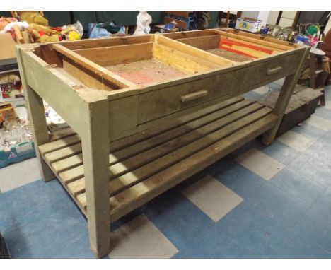 A Painted Pine Two Drawer Side Table with Planked Stretcher Shelf, Missing Top, 175cm Long