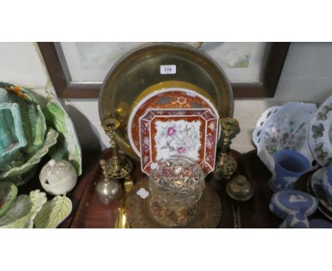 A Tray of Sundries to Include Brass Candle Sticks, Brass Bells, Glass Bowl, Oriental Ceramic Dishes etc