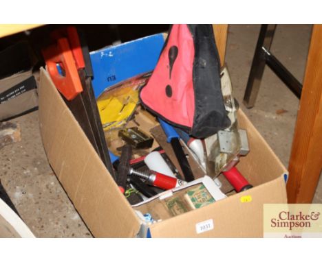 A box of hand tools to include pumps; locks etc
