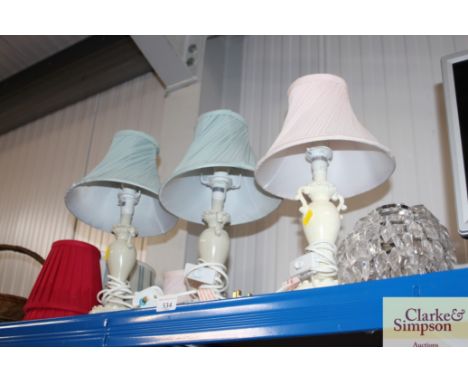 Three table lamps and a quantity of shades, and a hanging light fitting