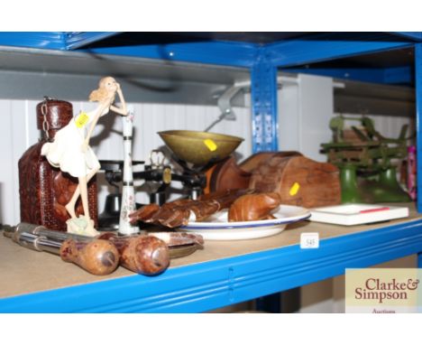 A quantity of sundry items to include screwdrivers; wooden storage boxes; leather covered decanter; Salter scales etc