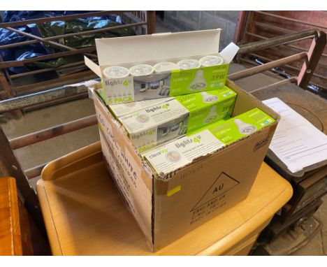 A box containing twenty packs of 5X ClearVu dimmable 3.5W cool white LED GU10 light bulbs